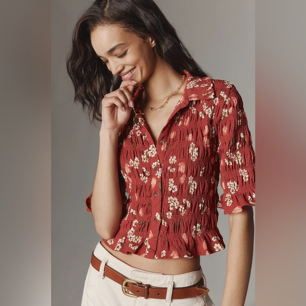 Maeve smocked button front blouse strawberry Medium NWT $78
